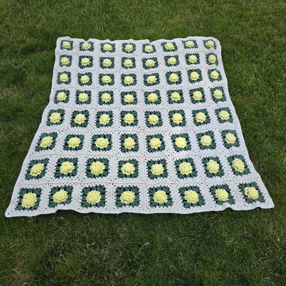 Vintage Handmade Crochet Granny Square Blanket 3D Yellow Floral Flower 60x54